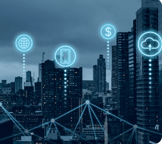 City skyline with digital transformation icons