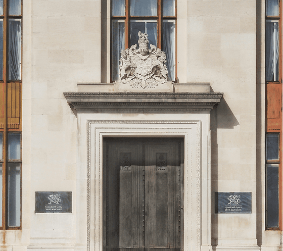 Classical stone architecture of a Welsh council building entrance